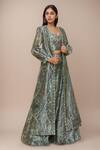 Buy_Samyukta Singhania_Green Silk Stones Asymmetric, Open Neck Embellished Hem Jacket With Lehenga Set _at_Aza_Fashions