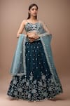 Buy_Samyukta Singhania_Green Polyester, Net Sequins, Stones, Embroidery, Teal Floral Bloom Lehenga Set _at_Aza_Fashions