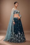 Samyukta Singhania_Green Polyester, Net Sequins, Stones, Embroidery, Teal Floral Bloom Lehenga Set _Online_at_Aza_Fashions