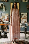 Buy_House Of Kotwara_Peach Georgette, Cotton, Silk Organza, Cambric Vintage Rose Choga Kurta Set _at_Aza_Fashions