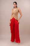 Buy_Anamika Khanna_Beige Embroidery V-neck Red Waistcoat And Pant Set _at_Aza_Fashions