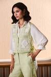 Label Deepika Nagpal_Green Cotton, Linen Embroidery Collared Genie Co-ord Set _Online_at_Aza_Fashions