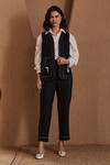Buy_Label Deepika Nagpal_Black Cotton, Linen Embroidery Open Neck, Collared Annabel Co-ord Set _at_Aza_Fashions