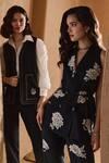 Shop_Label Deepika Nagpal_Black Cotton, Linen Embroidery Open Neck, Collared Annabel Co-ord Set _Online_at_Aza_Fashions