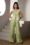 Buy_Label Deepika Nagpal_Green Cotton, Linen V-neck Co-ord Set _Online_at_Aza_Fashions