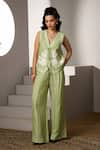 Buy_Label Deepika Nagpal_Green Cotton, Linen V-neck Co-ord Set _at_Aza_Fashions