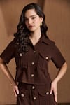 Label Deepika Nagpal_Brown Crepe Collared Juliette Co-ord Set _at_Aza_Fashions