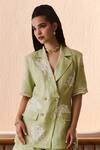 Shop_Label Deepika Nagpal_Green Cotton, Linen Embroidery, Lace Matcha Floral Blazer And Shorts Set _at_Aza_Fashions