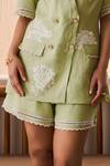 Label Deepika Nagpal_Green Cotton, Linen Embroidery, Lace Matcha Floral Blazer And Shorts Set _Online_at_Aza_Fashions