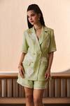 Buy_Label Deepika Nagpal_Green Cotton, Linen Embroidery, Lace Matcha Floral Blazer And Shorts Set _at_Aza_Fashions