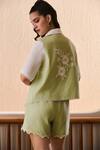 Shop_Label Deepika Nagpal_Green Cotton, Linen Embroidery Open Neck, Collared Camille Co-ord Set _at_Aza_Fashions