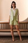 Buy_Label Deepika Nagpal_Green Cotton, Linen Embroidery Open Neck, Collared Camille Co-ord Set _at_Aza_Fashions