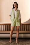 Shop_Label Deepika Nagpal_Green Cotton, Linen Embroidery Open Neck, Collared Camille Co-ord Set _Online_at_Aza_Fashions