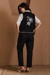 Shop_Label Deepika Nagpal_Black Cotton, Linen Open Neck, Collared Emiliana Co-ord Set _at_Aza_Fashions