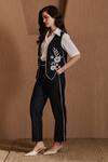 Shop_Label Deepika Nagpal_Black Cotton, Linen Open Neck, Collared Emiliana Co-ord Set _Online_at_Aza_Fashions