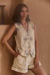 Label Deepika Nagpal_Beige Cotton, Linen V-neck Embroidered Cecilia Co-ord Set _Online_at_Aza_Fashions
