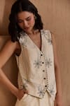 Shop_Label Deepika Nagpal_Beige Cotton, Linen V-neck Embroidered Cecilia Co-ord Set _Online_at_Aza_Fashions