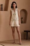 Buy_Label Deepika Nagpal_Beige Cotton, Linen V-neck Embroidered Cecilia Co-ord Set _at_Aza_Fashions