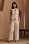 Buy_Label Deepika Nagpal_Beige Cotton, Linen Embroidery V-neck Niva Co-ord Set _at_Aza_Fashions