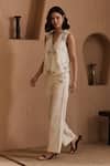 Shop_Label Deepika Nagpal_Beige Cotton, Linen Embroidery V-neck Niva Co-ord Set _Online_at_Aza_Fashions