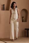 Label Deepika Nagpal_Beige Cotton, Linen Embroidery V-neck Niva Co-ord Set _at_Aza_Fashions