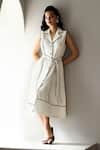 Label Deepika Nagpal_Ivory Crepe Collared Elowen Dress With Belt _Online_at_Aza_Fashions