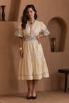 Buy_Label Deepika Nagpal_Beige Cotton, Linen Embroidery V-neck Delphine Dress  _at_Aza_Fashions