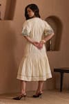 Shop_Label Deepika Nagpal_Beige Cotton, Linen Embroidery V-neck Delphine Dress  _at_Aza_Fashions