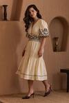 Buy_Label Deepika Nagpal_Beige Cotton, Linen Embroidery V-neck Delphine Dress  _Online_at_Aza_Fashions