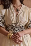 Label Deepika Nagpal_Beige Cotton, Linen Embroidery V-neck Delphine Dress  _at_Aza_Fashions