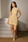 Buy_Label Deepika Nagpal_Yellow Mesh Embroidery Collared Floral Jumpsuit With Belt _at_Aza_Fashions