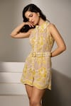 Label Deepika Nagpal_Yellow Mesh Embroidery Collared Floral Jumpsuit With Belt _Online_at_Aza_Fashions