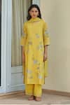 Buy_Vaayu_Yellow Muslin, Cotton Embroidery Keyhole Neck Daffodil Applique Kurta Set _at_Aza_Fashions