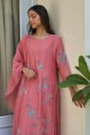Shop_Vaayu_Pink Muslin, Cotton Embroidery, Applique Round Neck Peony Kurta Set _Online_at_Aza_Fashions