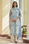 Buy_Vaayu_Blue Muslin, Cotton Keyhole Neck Powder Printed Kurta Set _at_Aza_Fashions
