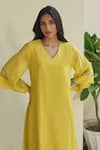 Vaayu_Yellow Muslin, Cotton Applique V-neck Daffodil Kurta Pant Set _Online_at_Aza_Fashions