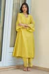 Buy_Vaayu_Yellow Muslin, Cotton Applique V-neck Daffodil Kurta Pant Set _at_Aza_Fashions