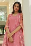 Shop_Vaayu_Pink Muslin, Cotton Embroidery Round Neck, Open Peony Pintuck Jacket With Dress _Online_at_Aza_Fashions