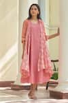 Buy_Vaayu_Pink Muslin, Cotton Embroidery Round Neck, Open Peony Pintuck Jacket With Dress _at_Aza_Fashions