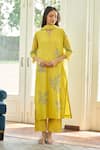 Buy_Vaayu_Yellow Muslin, Cotton Embroidery Keyhole Neck Daffodil Applique Floral Kurta Set _at_Aza_Fashions