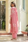 Shop_Vaayu_Pink Muslin, Cotton Applique Round Neck Peony Kurta Set _at_Aza_Fashions