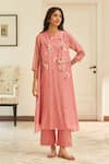 Buy_Vaayu_Pink Muslin, Cotton Applique Round Neck Peony Co-ord Set _at_Aza_Fashions