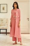 Vaayu_Pink Muslin, Cotton Applique Round Neck Peony Co-ord Set _Online_at_Aza_Fashions