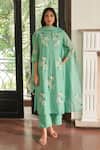 Buy_Vaayu_Green Muslin, Cotton Applique, Embroidery Round Neck Mint Floral Kurta Set _at_Aza_Fashions