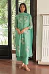 Shop_Vaayu_Green Muslin, Cotton Applique, Embroidery Round Neck Mint Floral Kurta Set _at_Aza_Fashions