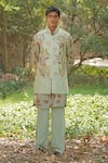 Buy_Soniya G_Green Cotton, Silk, Satin, Crepe Embroidery Designer Nehru Jacket Kurta Set _at_Aza_Fashions