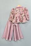 Shop_Label Neeti_Peach Chanderi Floral Print Peplum Top And Palazzo Set _at_Aza_Fashions