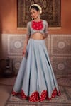 Kapda Dori_Blue Organza Sequins, Pearls, Embroidery Powder Lehenga Set With Red Blouse _Online_at_Aza_Fashions