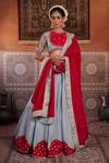 Buy_Kapda Dori_Blue Organza Sequins, Pearls, Embroidery Powder Lehenga Set With Red Blouse _at_Aza_Fashions