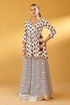 Palak & Mehak_Cream Crepe Tassels V-neck Floral Angarkha Set _at_Aza_Fashions